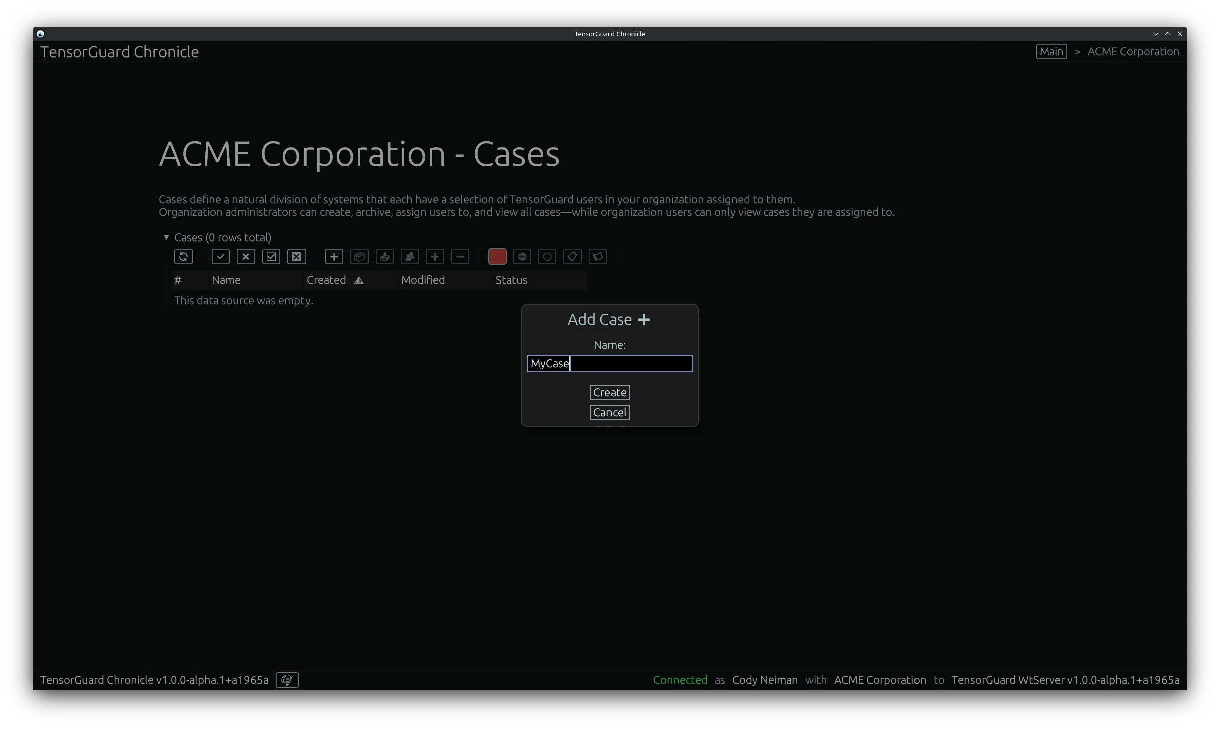 TensorGuard Organization Menu - Add Case