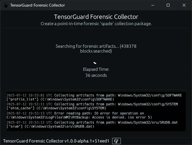 TensorGuard Collector Menu - Manual Collection Progress