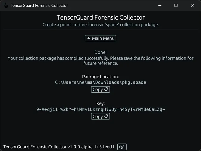 TensorGuard Collector Menu - Manual Collection Result