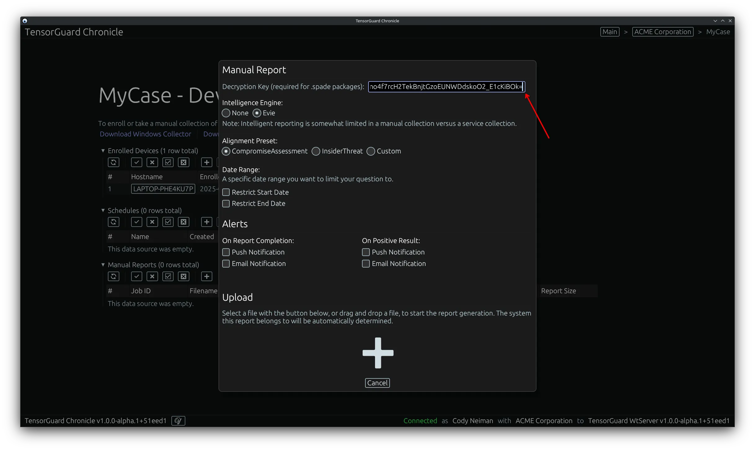 TensorGuard Case Menu - New Manual Report Key Entry