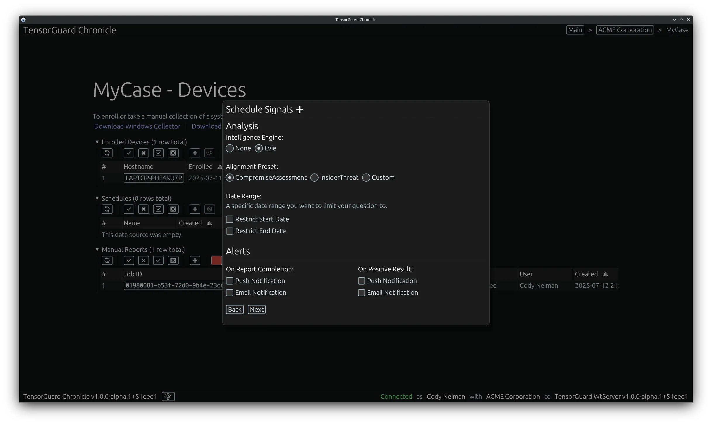TensorGuard Case Menu - Schedule Signals Engine