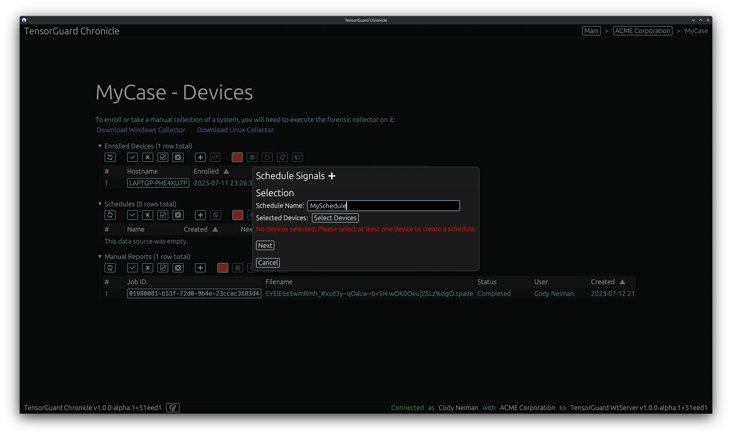 TensorGuard Case Menu - Schedule Signals Name