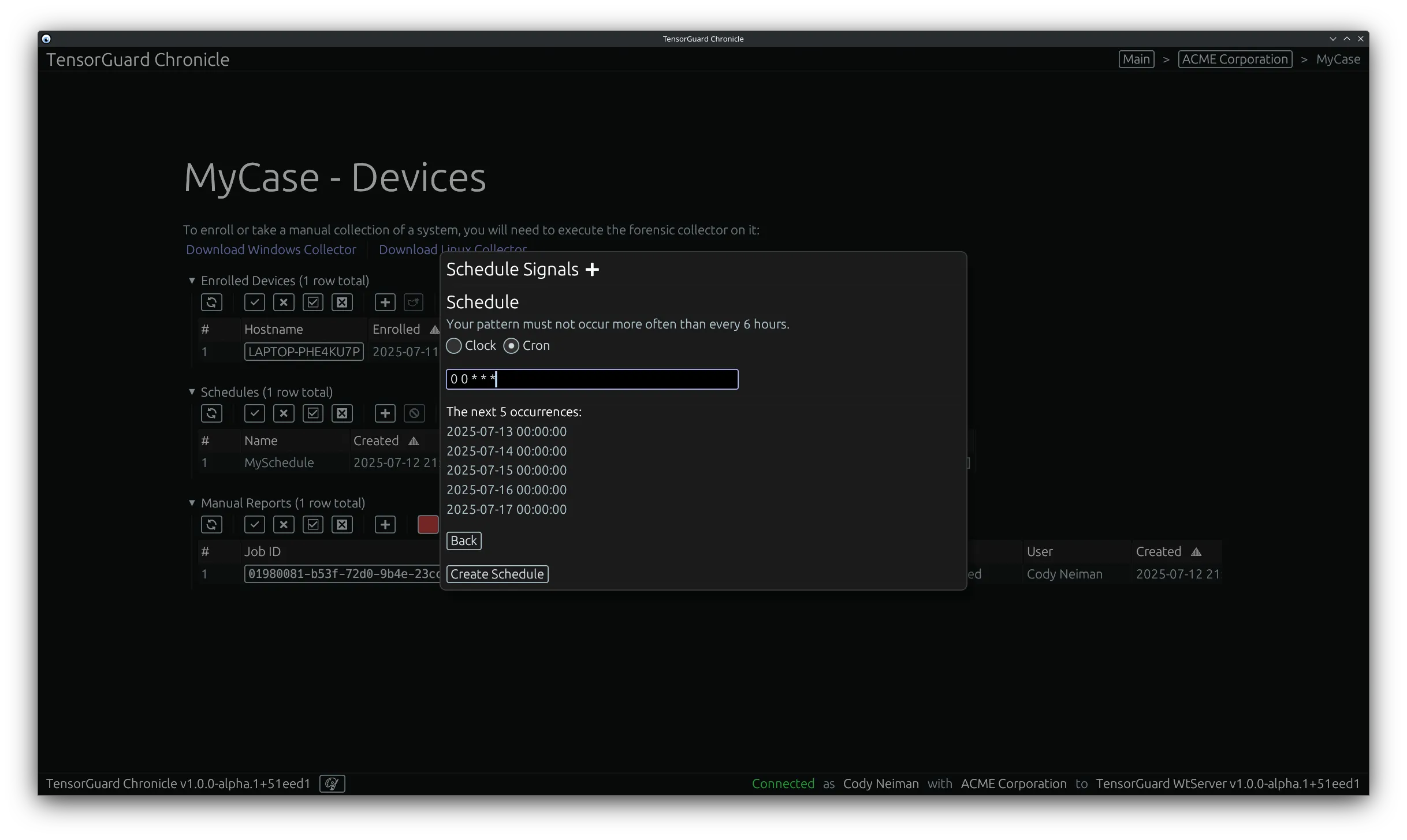 TensorGuard Case Menu - Schedule Signals Scheduler Cron