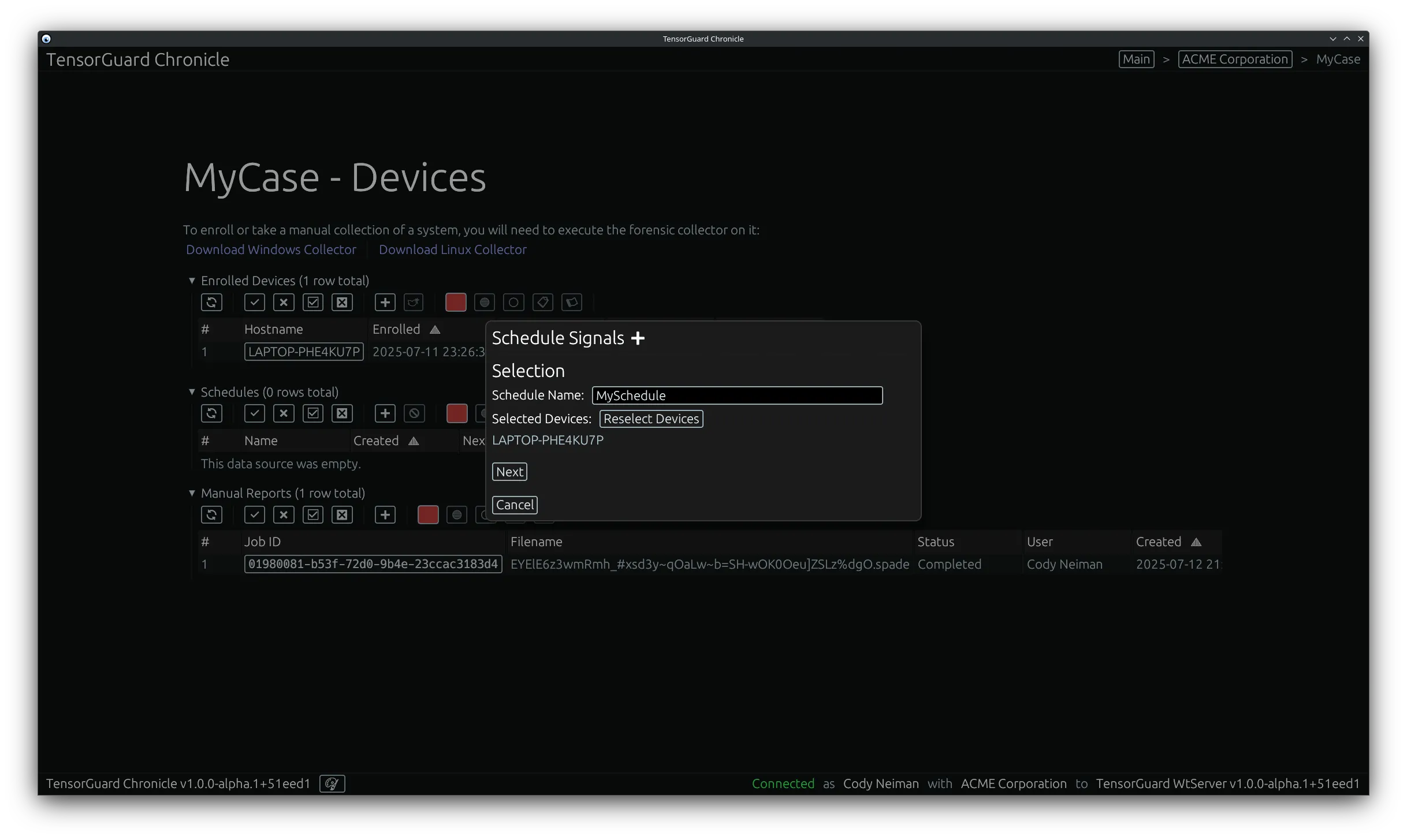 TensorGuard Case Menu - Schedule Signals Selection