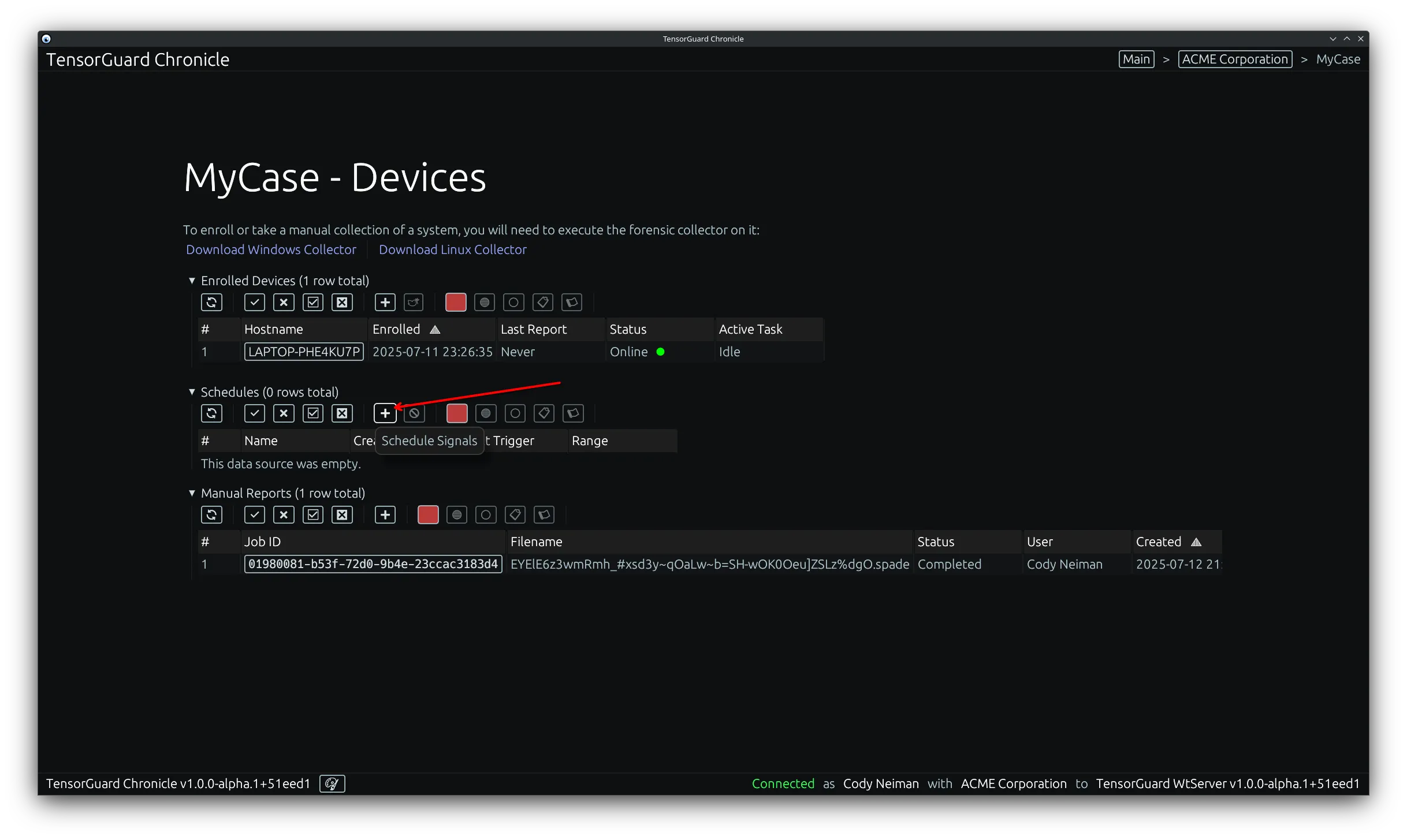 TensorGuard Case Menu - Schedule Signals Tool