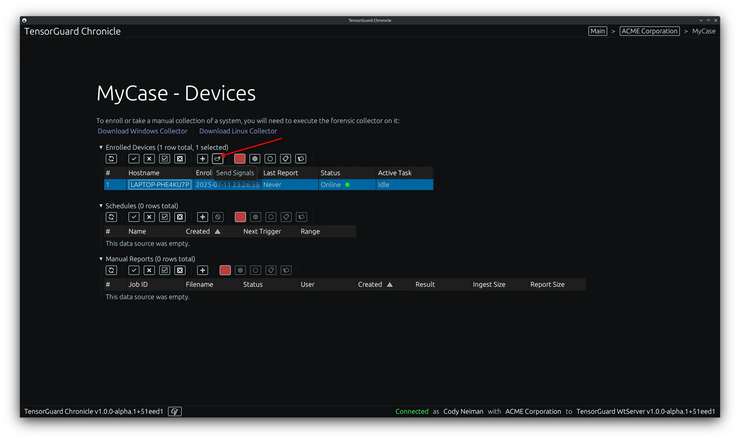TensorGuard Case Menu - Send Signal Tool